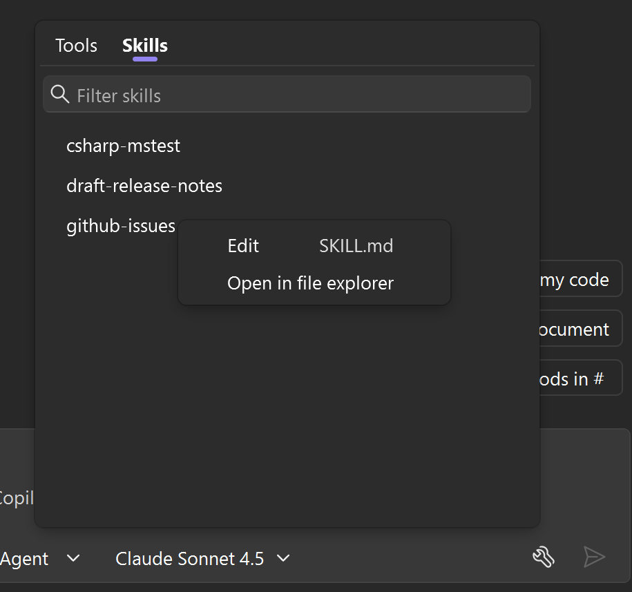 Skills panel in the chat window showing available skills with management options