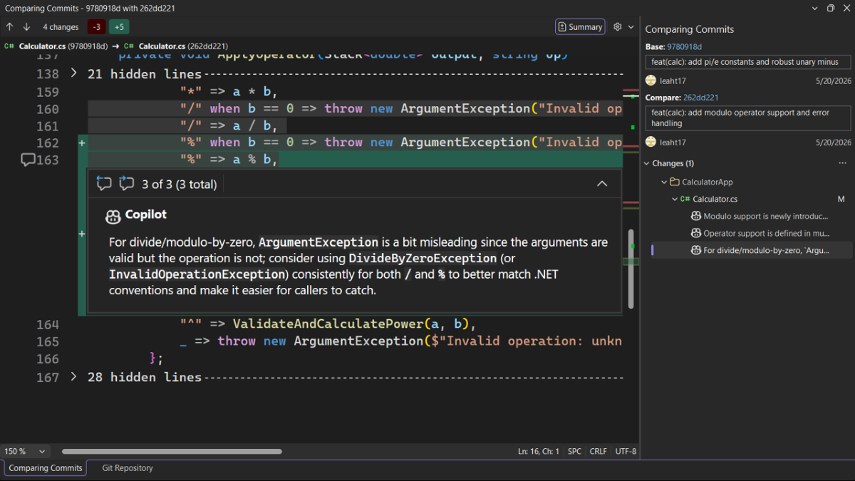 Inline Copilot review comment displayed in the Commit Details window