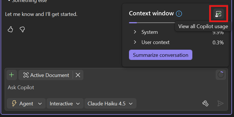 Screenshot showing the donut chart icon in the prompt box that opens Copilot plan usage details