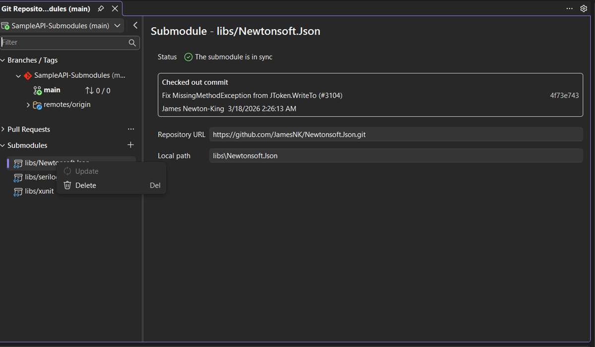 Sub module section in Git Repository window