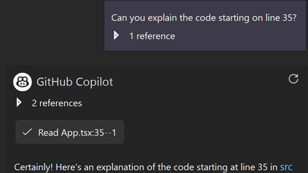 Screenshot showing improved line number accuracy when referencing specific code sections in Copilot Chat