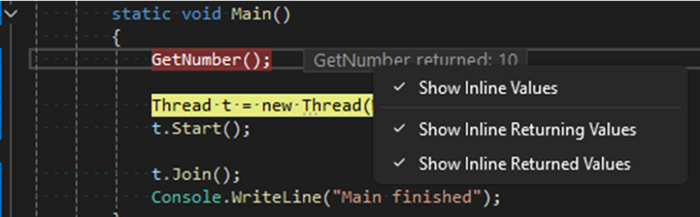 Screenshot of the context menu showing options to customize which inline values are displayed during debugging