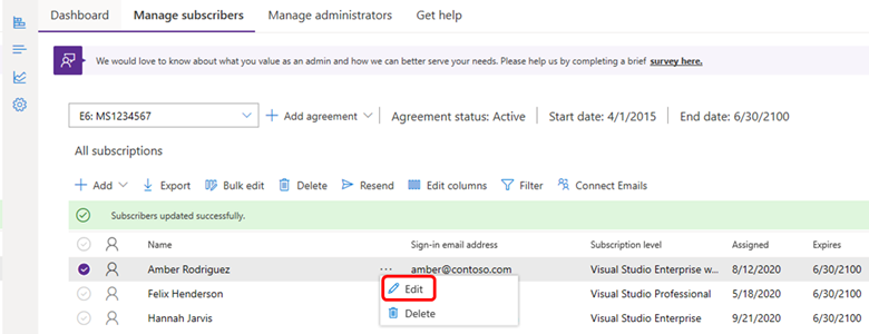 Edit Visual Studio subscriptions in the Administration Portal | Microsoft  Learn