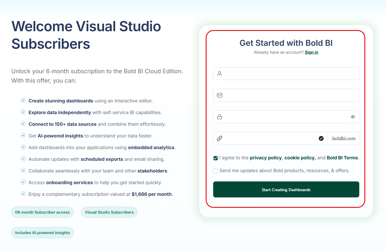Screenshot of Bold BI activation landing page with the required fields highlighted