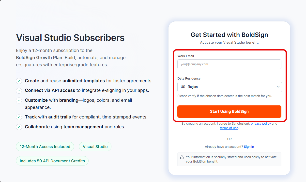 BoldSign activation page with required fields highlighted.