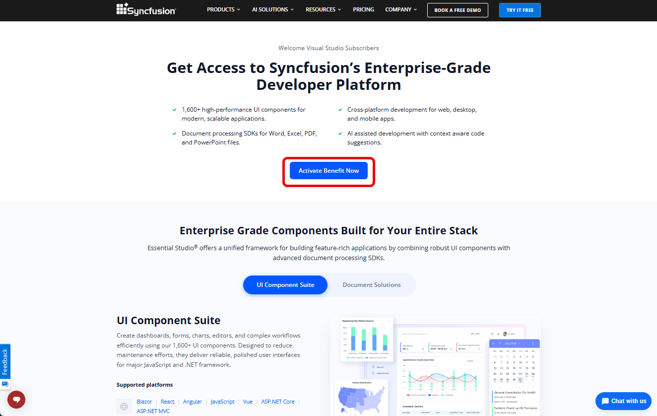 Screenshot of Syncfusion activation landing page with Welcome Visual Studio Subscribers heading and Activation Benefit Now button highlighted.