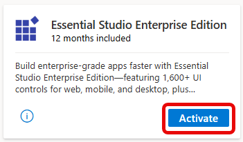 Essential Studio Enterprise Edition benefit tile displaying the product name, 12 months included offer, and a description of 1,600+ UI controls for web, mobile, and desktop development. A blue Activate button is highlighted with a red rectangle in the lower right corner of the tile.
