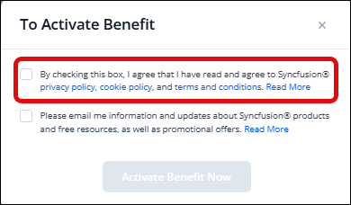 Screenshot of Syncfusion's Terms and Conditions highlighted