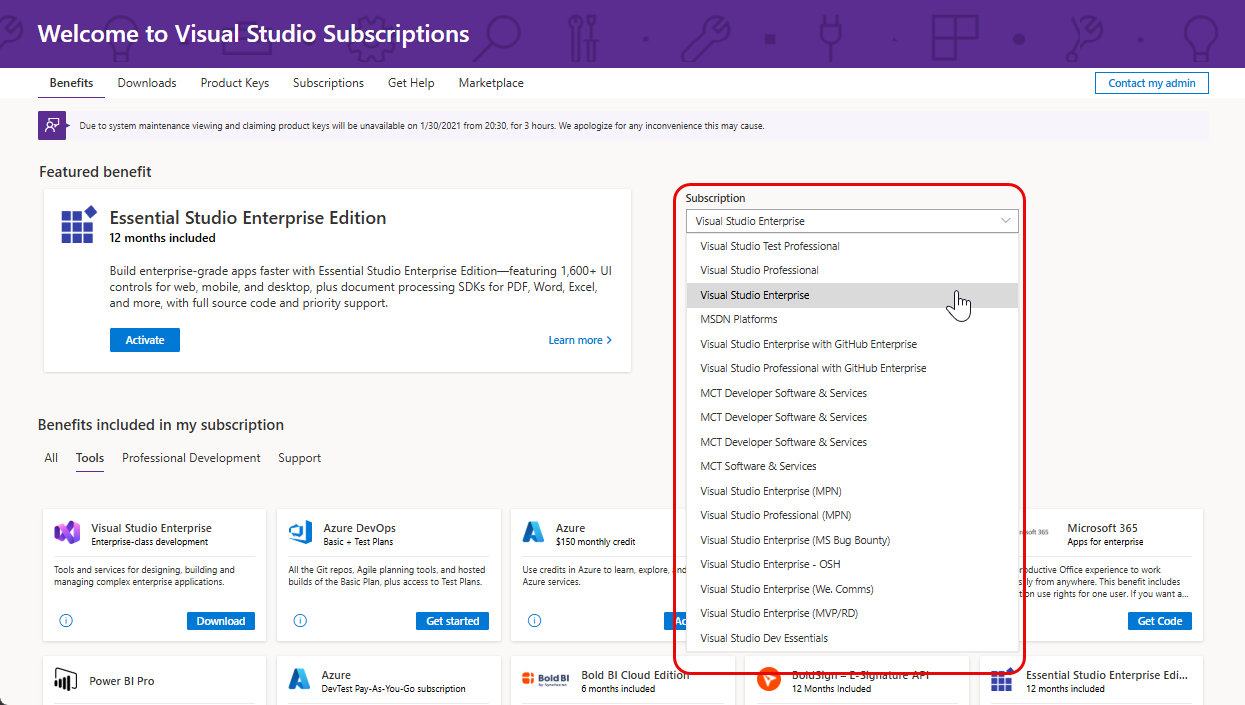 Screenshot of the Subscription Benefits page.