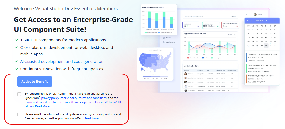 Screenshot of the Essential Studio UI Edition activation page wit the Activate and Terms and Conditions highlighted.