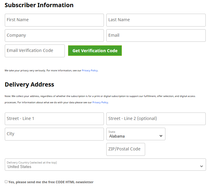 Screenshot of Subscriber information and delivery address dialog. CODE Magazine subscriber information