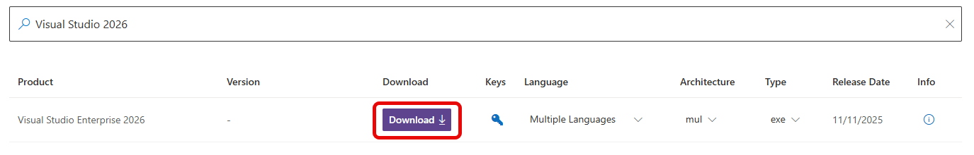 Screenshot of the download details pane for Visual Studio Enterprise 2026. Screenshot of the download details pane for Visual Studio Enterprise.