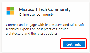 Screenshot shows the Microsoft Tech Community tile with Get help highlighted.