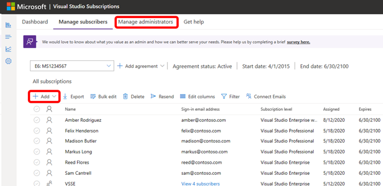 Screenshot of the management portal. Manage admins and add menu items are highlighted. Add admins
