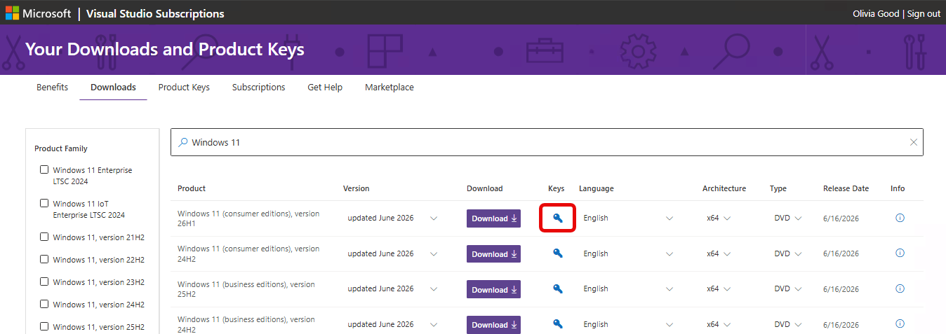 Screenshot of the download page for Windows 11. The blue key icon is highlighted. Get Key from Downloads Page