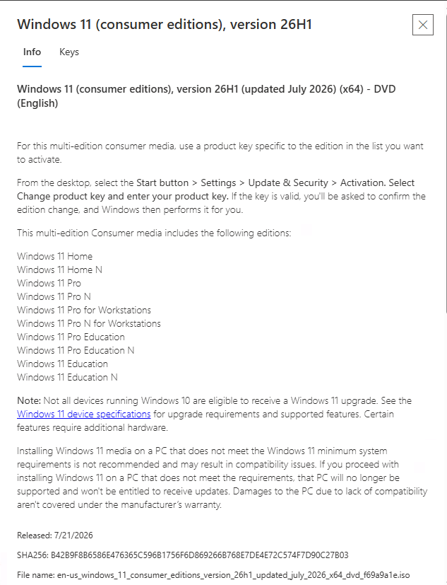 Screenshot of the Windows 11 product details page. The Info tab is selected. Windows 11 download details