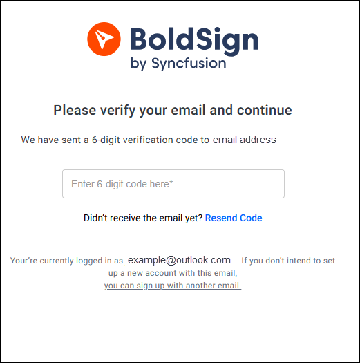 Screenshot of BoldSign enter 6-digit code from email