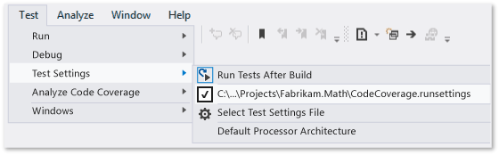 CodeCoverage-settingsFile Test settings menu with custom settings file