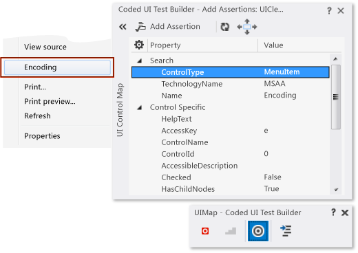 Screenshot showing the Add Assertions tool in the Coded UI Test builder overlapping the right-click menu from Internet Explorer.