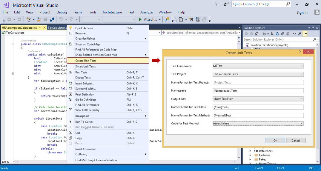 Right click in Visual Studio 2013 not showing create unit test