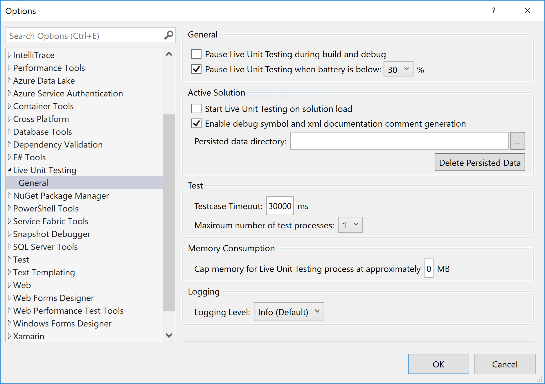 Screenshot that shows Live Unit Testing configuration options.