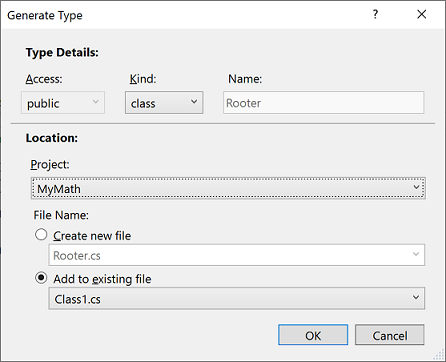 Generate Type dialog box in Visual Studio 2019