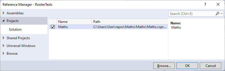 Screenshot that shows adding a reference to the Maths project.