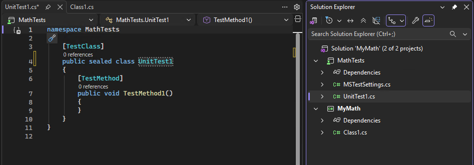 Screenshot that shows the new code and test projects.