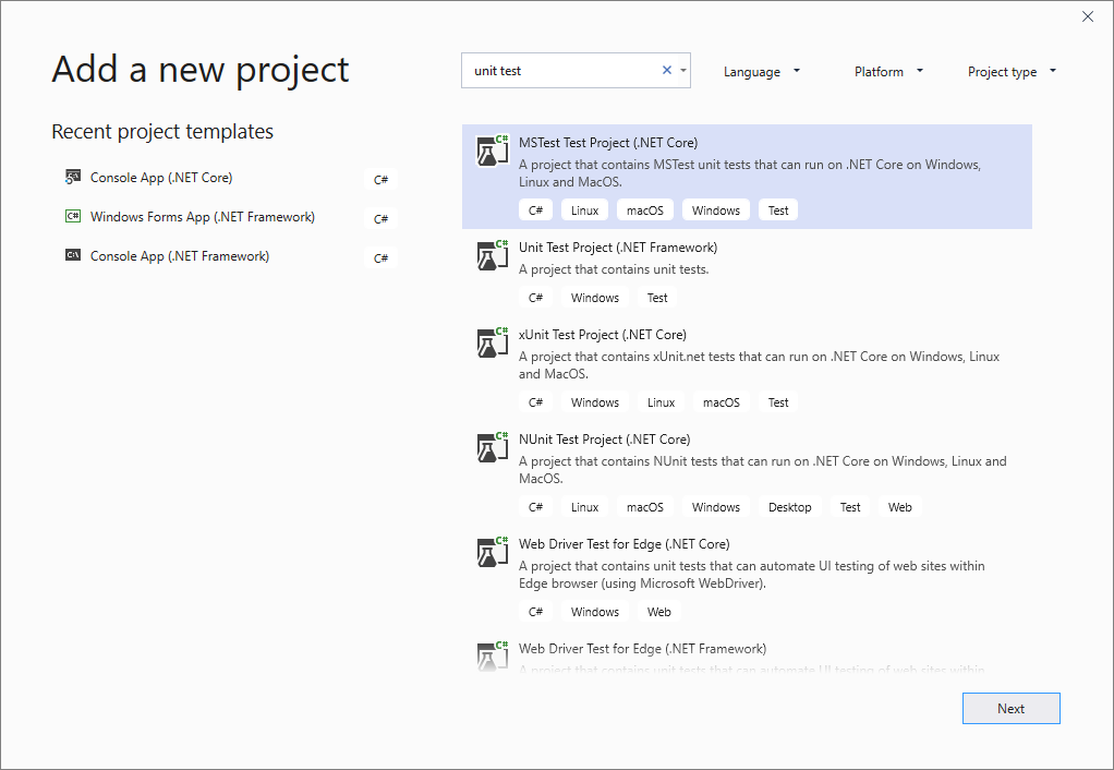 Unit test project template in Visual Studio 2019