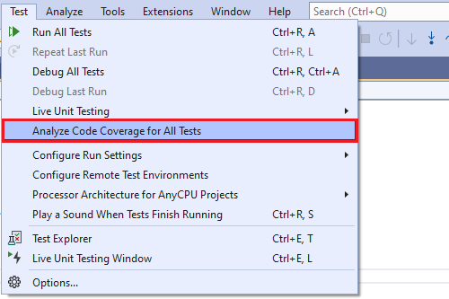 Screenshot of Test menu with Analyze code coverage highlighted.