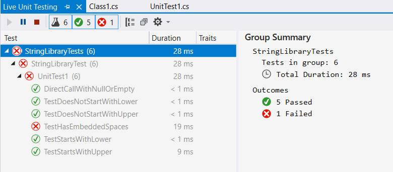 Screenshot that shows faded-out tests in Test Explorer.