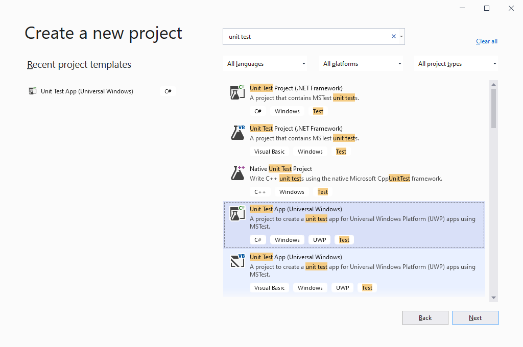 Screenshot that shows creating a new UWP unit test app in Visual Studio.