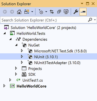 NUnit NuGet dependencies in Solution Explorer