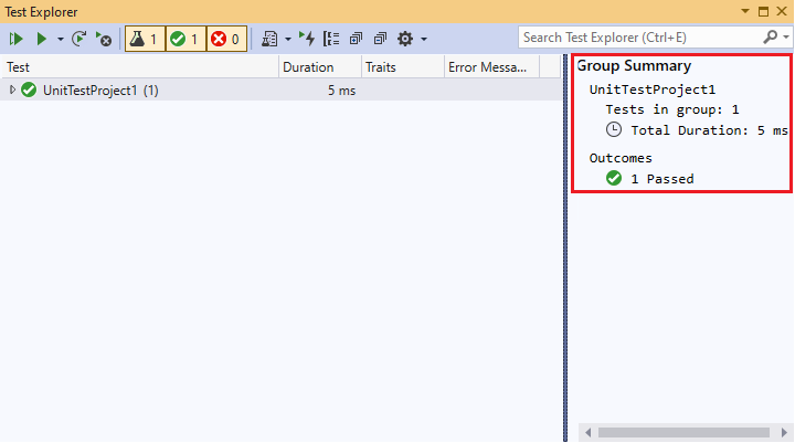 Screenshot that shows the Test Explorer with completed test information.
