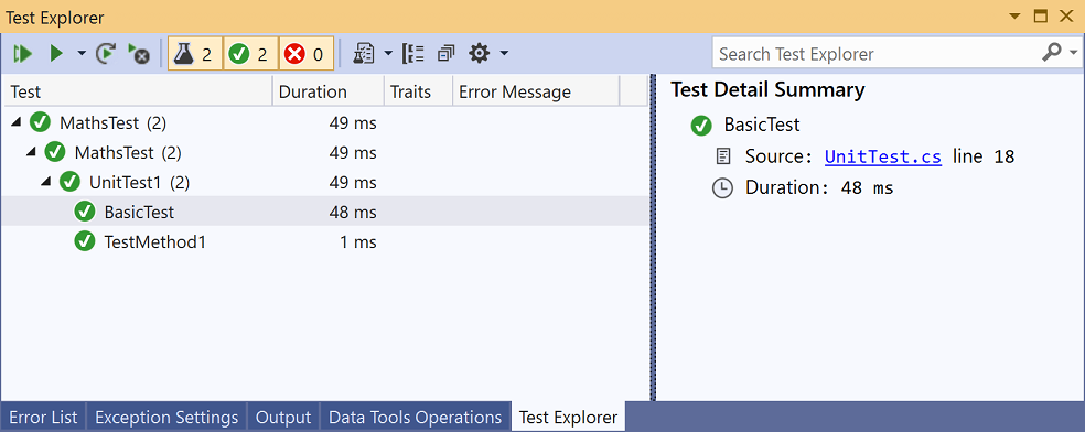 Screenshot that shows Basic Test passed in Test Explorer