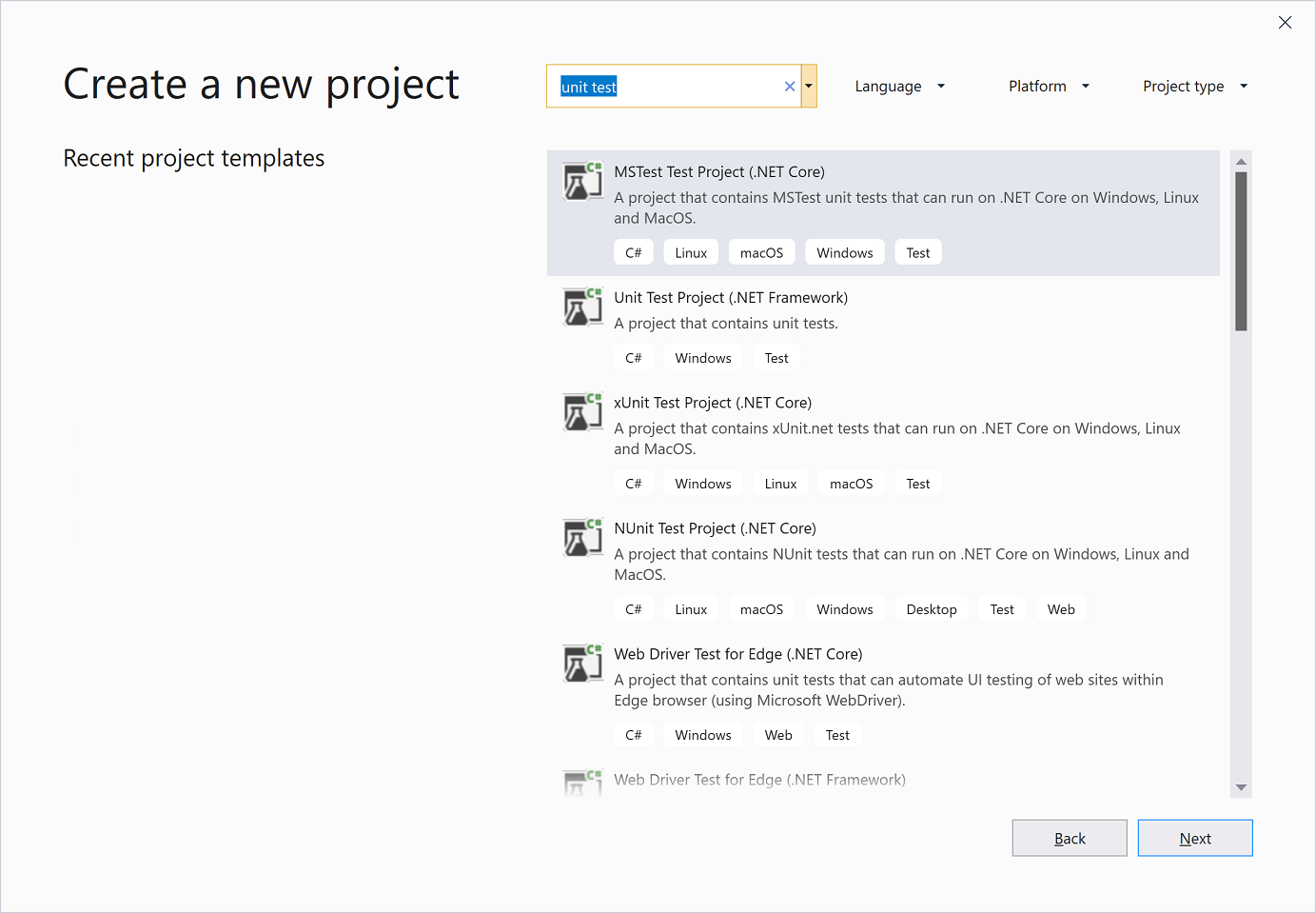 Screenshot of test project templates in Visual Studio 2019.