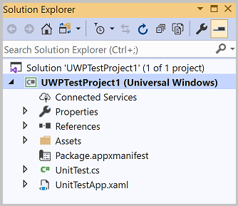 Screenshot that shows the UWP unit test project in Solution Explorer.