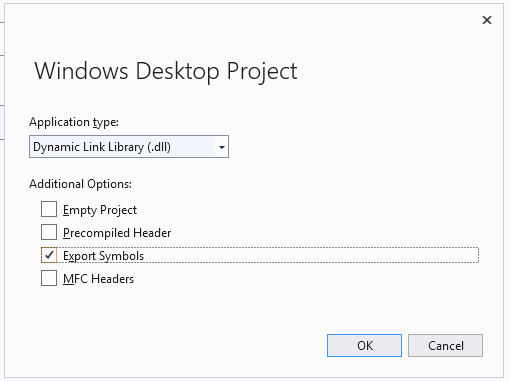 C++ project wizard set for DLL and Export Symbols