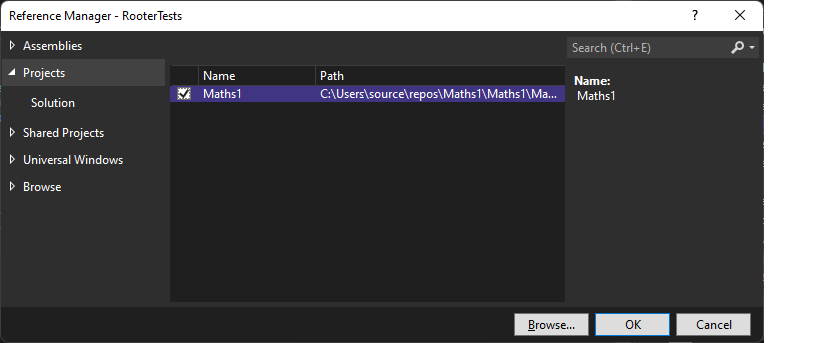 Screenshot that shows adding a reference to the Maths project.