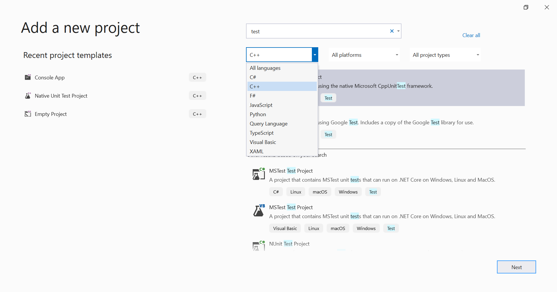 C++ Test Projects in Visual Studio 2022