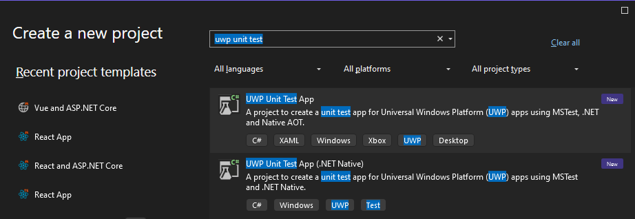 Screenshot that shows creating a new UWP unit test app in Visual Studio.