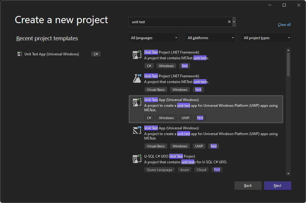 Screenshot that shows creating a new UWP unit test app in Visual Studio.