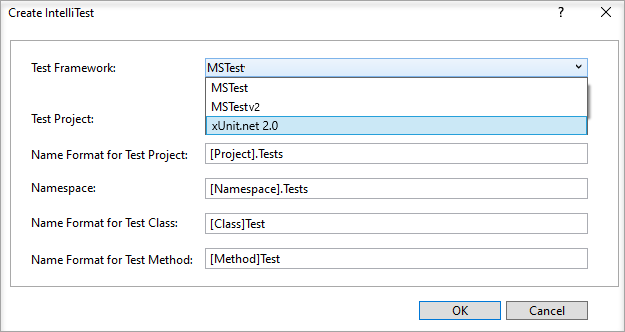 Screenshot of Select other unit test framework for IntelliTest.