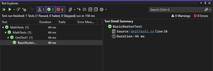 Test Explorer showing a passing test