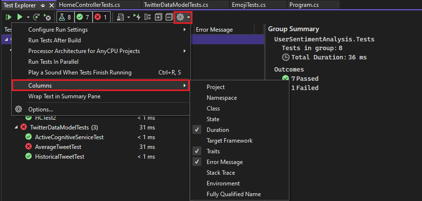 Screenshot of the Visual Studio Test Explorer showing a menu with Columns selected and a sub-menu with Duration, Traits, and Error Message selected.