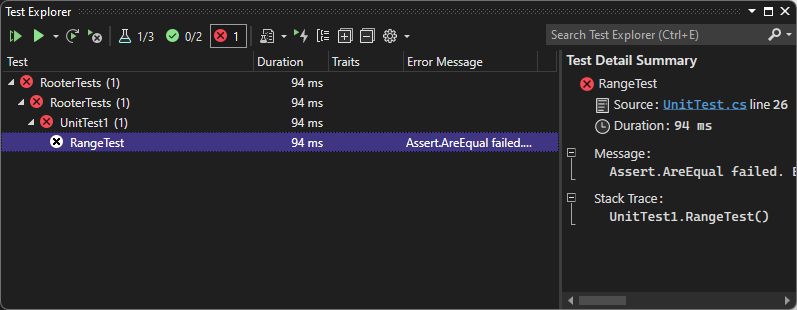 Screenshot that shows the RangeTest fails in Test Explorer.