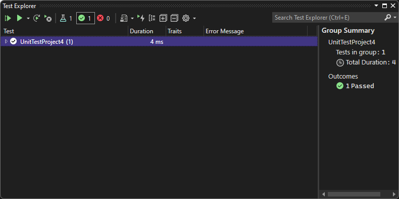 Screenshot that shows the Test Explorer with completed test information.
