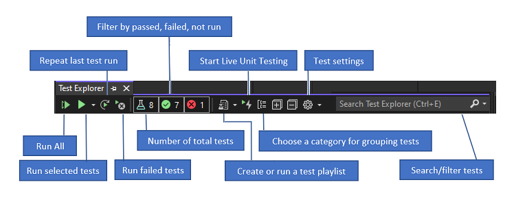 Run tests from the Test Explorer toolbar