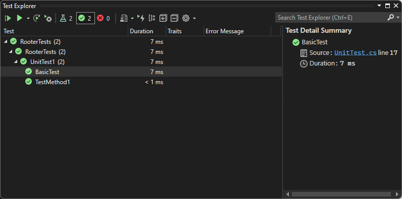 Screenshot that shows Basic Test passed in Test Explorer