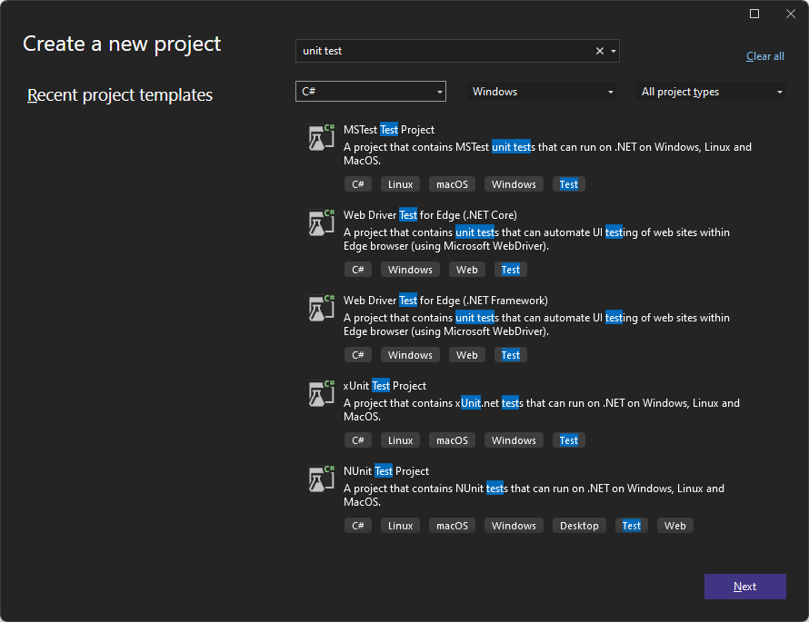Screenshot of test project templates in Visual Studio 2022.